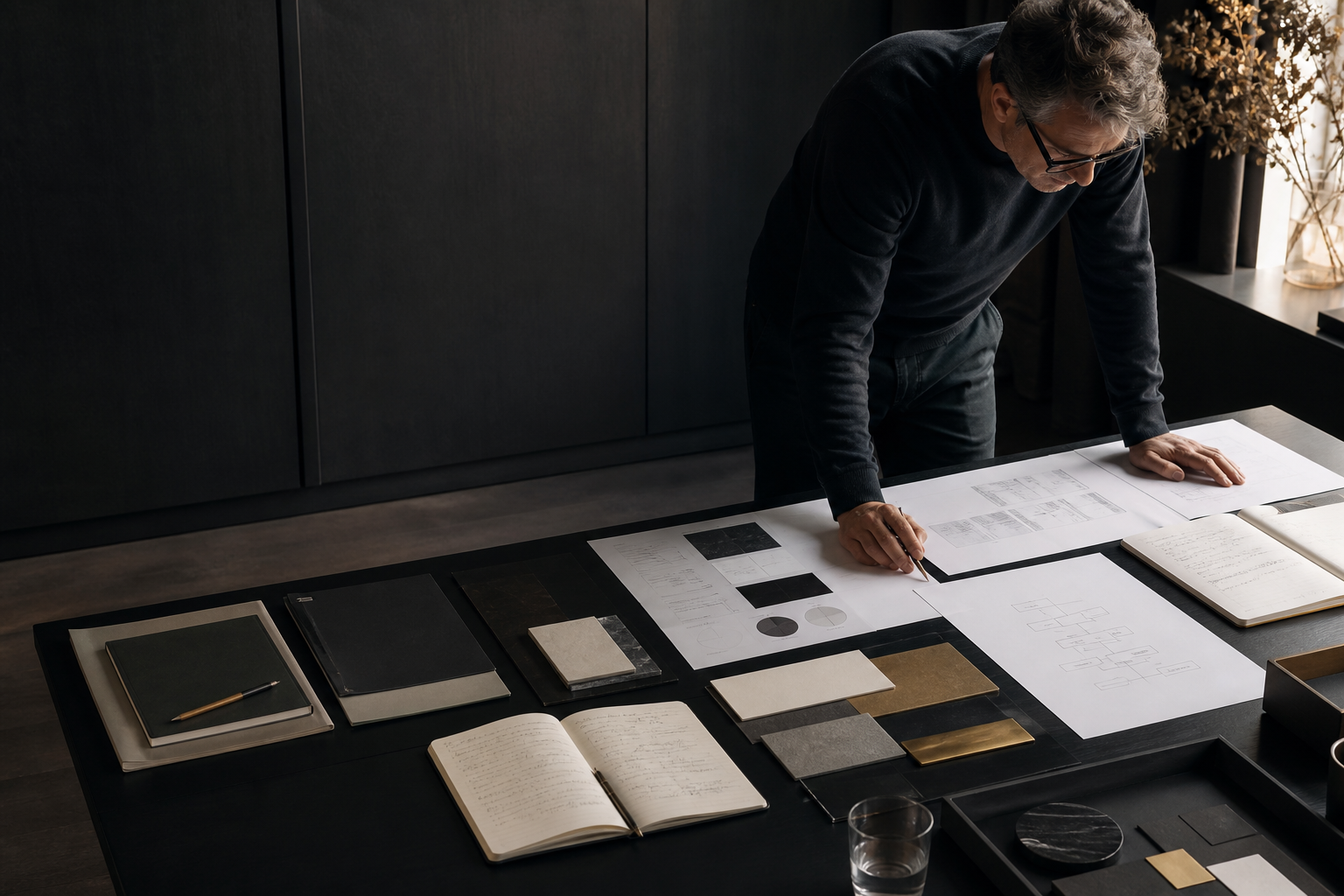 Strategist reviewing research, planning documents, and identity materials at a working table