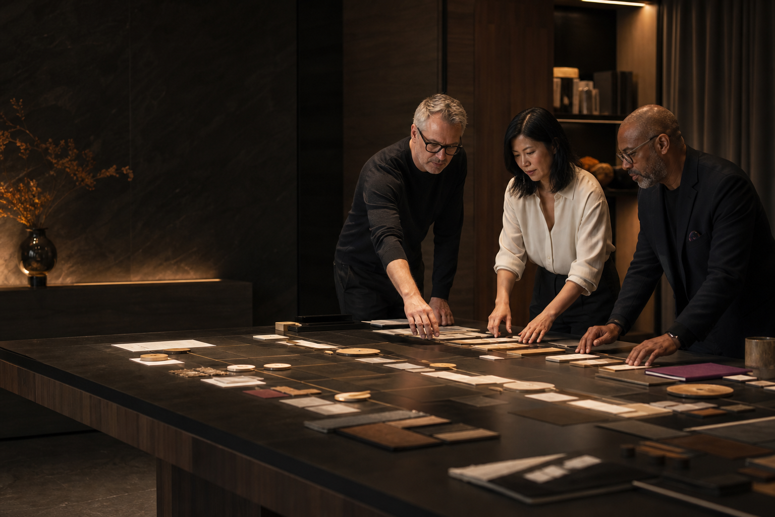 Senior strategy team organizing a customer growth pathway across a planning table